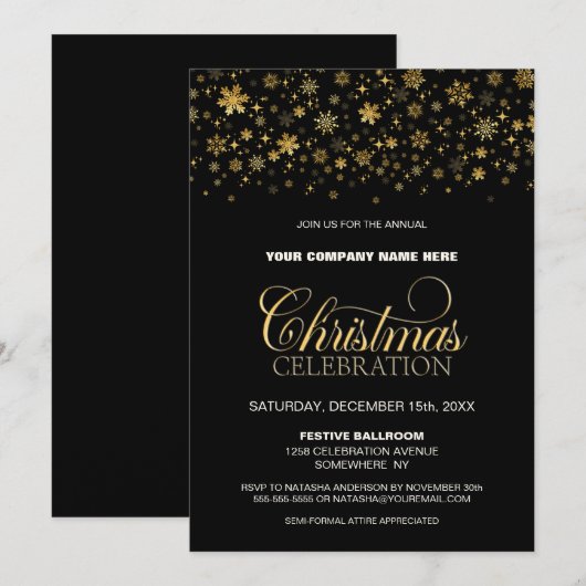 Invitation Gold Snowflakes Black Corporate Christmas Party (Devant / Derrière)