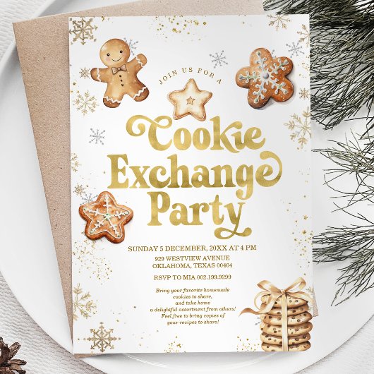 Invitation Gold Snowflakes Christmas Cookie Exchange Party