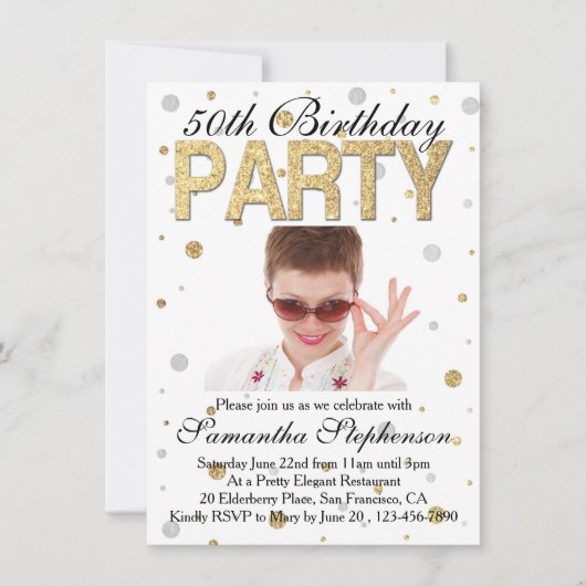 Invitation Gold Sparkle Confetti Photo 50th Birthday Party (Devant)