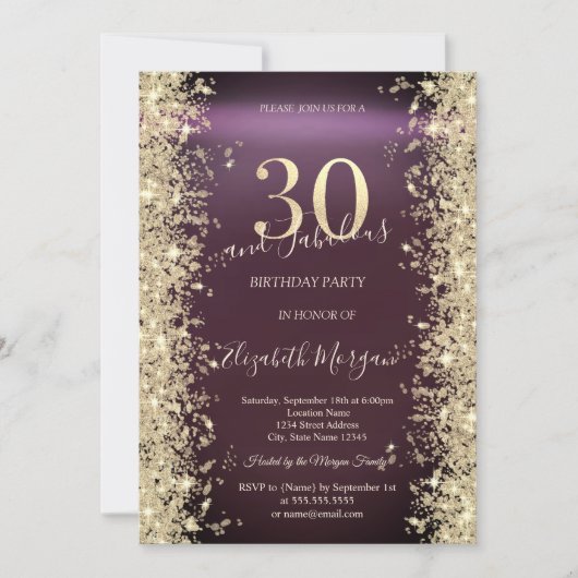 Invitation Gold Sparkle Diamonds Bourgogne 30e anniversaire (Devant)