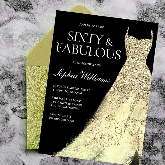 Invitation Gold Sparkle Gown Noir 60e fête d'anniversaire
