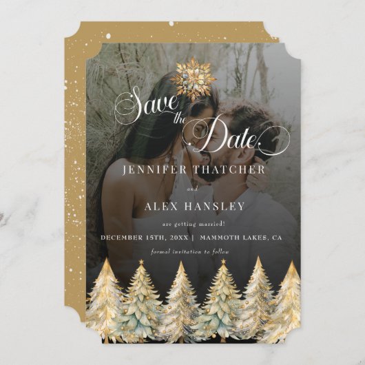 Invitation Gold Sparkle Noel Mariage Enregistrer la date (Devant / Derrière)