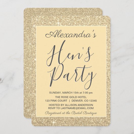 Invitation Gold Sparkle Parties scintillant Hen's Party (Devant / Derrière)