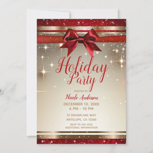 Invitation Gold Sparkle Red Bow Elegant Glam Fête (Devant)