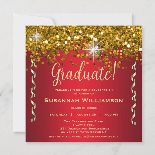 Invitation Gold Sparkles Parties scintillant Red Graduation P (Devant)