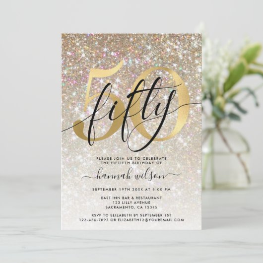 Invitation Gold Sparkly Parties scintillant 50e fête d'annive (Debout devant)