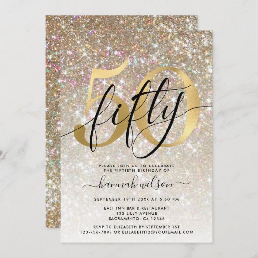 Invitation Gold Sparkly Parties scintillant 50e fête d'annive (Devant / Derrière)
