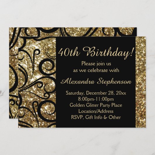 Invitation Gold Sparkly Swirl 40e anniversaire (Devant / Derrière)