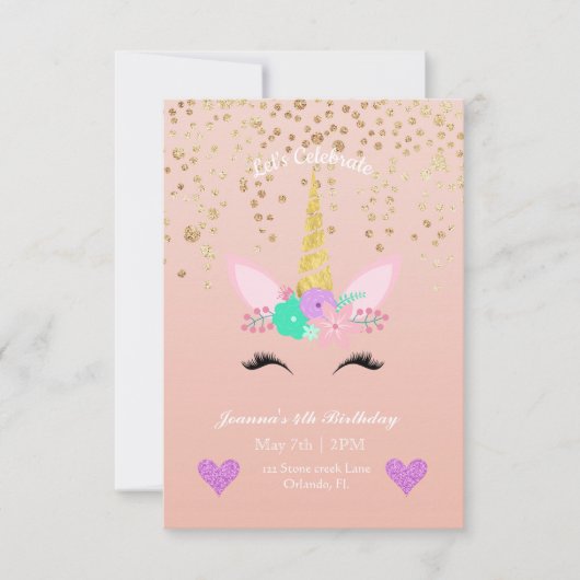 Invitation Gold Speckled | Unicorne florale Anniversaire (Devant)