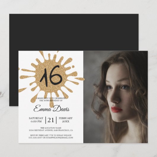 Invitation Gold Splash Sweet 16 16e fête d'anniversaire Photo (Devant / Derrière)
