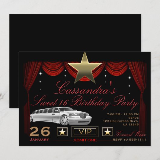 Invitation Gold Star Black Red Limo Hollywood fête d'annivers (Devant / Derrière)