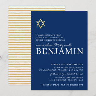 Invitation GOLD STAR moderne Bar Mitzvah marine minimale blan