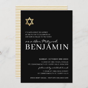 Invitation GOLD STAR moderne Bar Mitzvah minimum noir blanc n