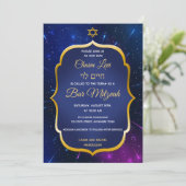 Invitation Gold Star sur Blue Space Jewish Bar Mitzvah (Debout devant)