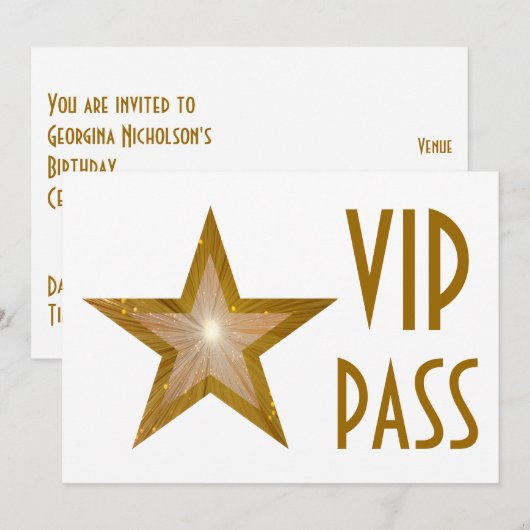 Invitation Gold Star 'VIP PASS' blanc horizontal (Devant / Derrière)