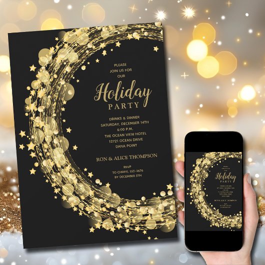 Invitation Gold Star Wreath on Black Christmas Holiday