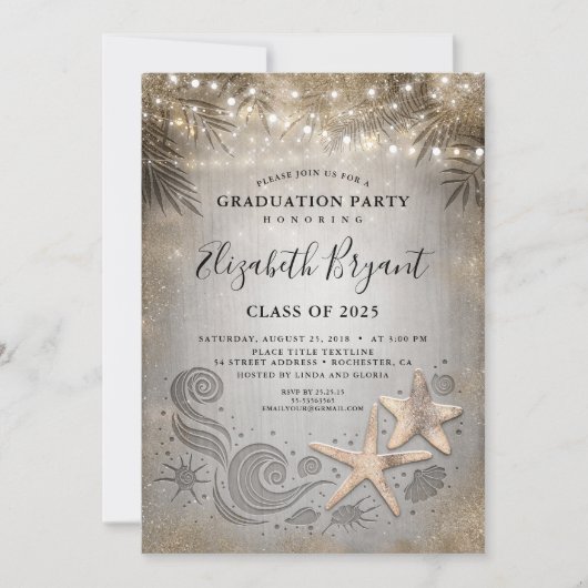 Invitation Gold Starfish Tropical Beach Lights Graduation (Devant)