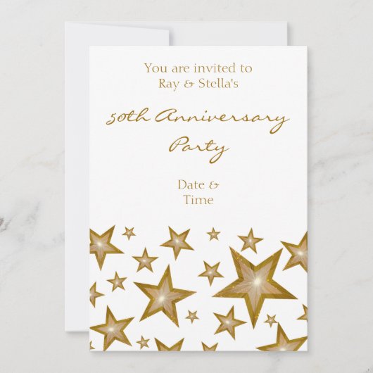 Invitation Gold Stars '50th Anniversary' vertical blanc (Devant)