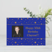 Invitation Gold Stars Avec Photo Message Sur Blue Birthday (Debout devant)