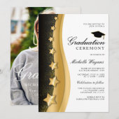 Invitation Gold Stars Black Graduation Ceremony & Party (Devant / Derrière)