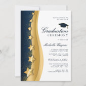 Invitation Gold Stars Blue Graduation Ceremony & Party (Devant)