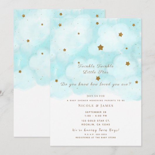 Invitation Gold Stars & Blue Sky Clouds Baby shower Twins (Devant / Derrière)