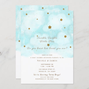 Invitation Gold Stars & Blue Sky Clouds Baby shower Twins