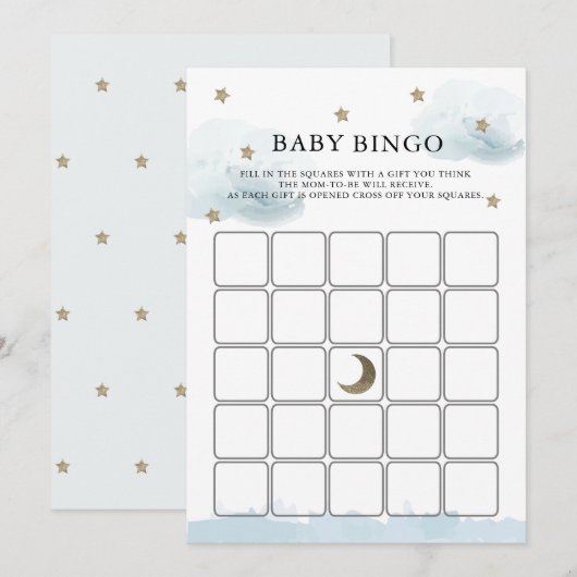 Invitation Gold Stars & Clouds Baby shower Bingo Game Card (Devant / Derrière)