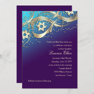 Invitation Gold Stars Confetti Flourdissant Bat mitzvah Turqu