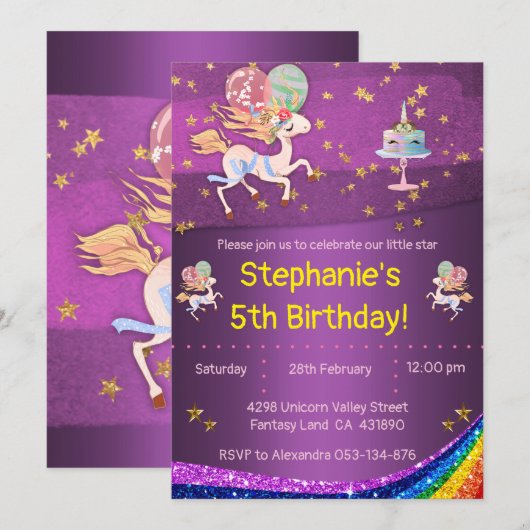 Invitation Gold Stars et Purple Unicorn Anniversaire (Devant / Derrière)