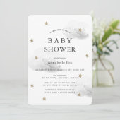 Invitation Gold Stars & Fluffy Grey Clouds Baby shower (Debout devant)