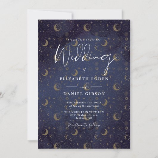 Invitation Gold Stars Lune Céleste QR Code Mariage (Devant)
