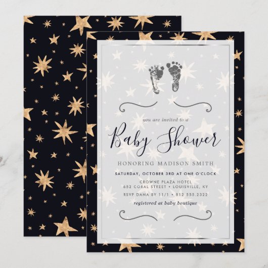 Invitation Gold Stars Marine Blue Trendy Starry Baby shower (Devant / Derrière)