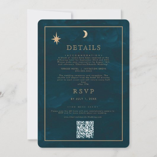 Invitation Gold Stars Moon Indigo Celestial Qr Code Mariage (Dos)