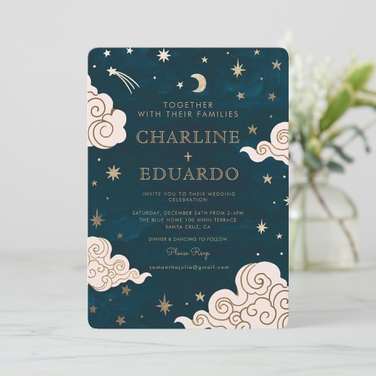 Invitation Gold Stars Moon Indigo Celestial Qr Code Mariage