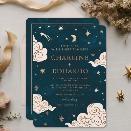Invitation Gold Stars Moon Indigo Celestial Qr Code Mariage