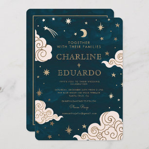 Invitation Gold Stars Moon Indigo Celestial Qr Code Mariage