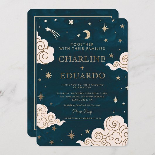 Invitation Gold Stars Moon Indigo Celestial Qr Code Mariage