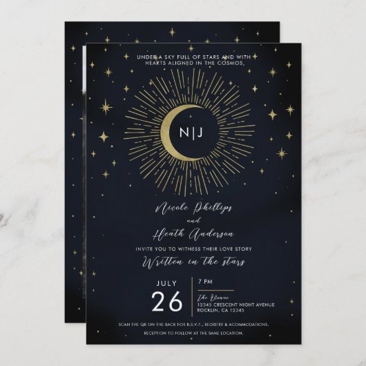 Invitation Gold Stars Night Celestial Sunburst Moon Mariage (Devant / Derrière)