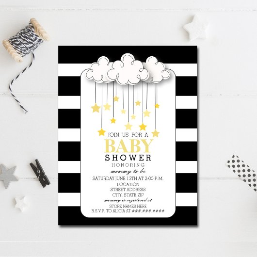 Invitation Gold Stars Nuage Noir + Blanc Baby shower Neutre