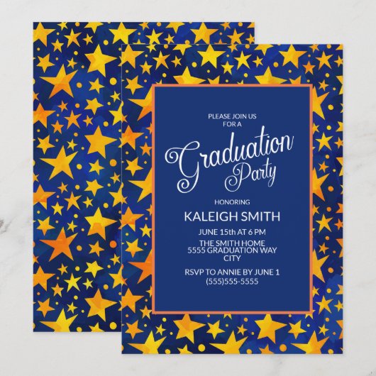 Invitation Gold Stars sur la Marine Blue Graduation Party (Devant / Derrière)