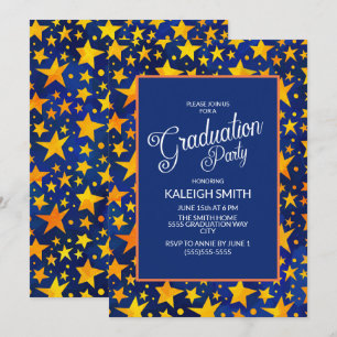 Invitation Gold Stars sur la Marine Blue Graduation Party