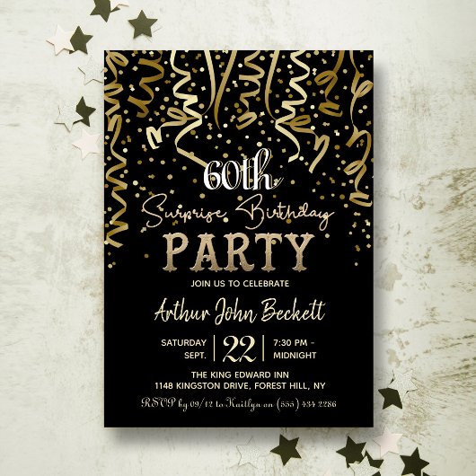 Invitation Gold Streamers & Confetti Surprise fête d'annivers