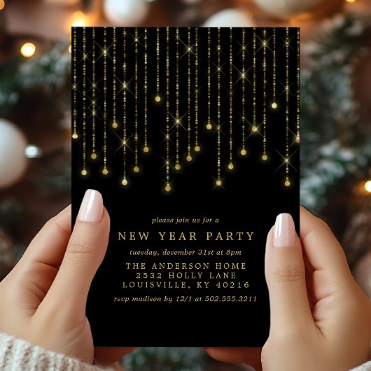 Invitation Gold String Lights Chic Black New Years Eve Party