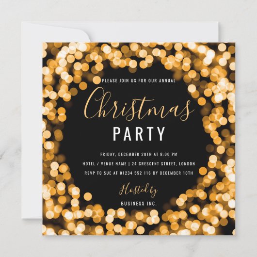 Invitation Gold String Lights Entreprise Noël (Devant)