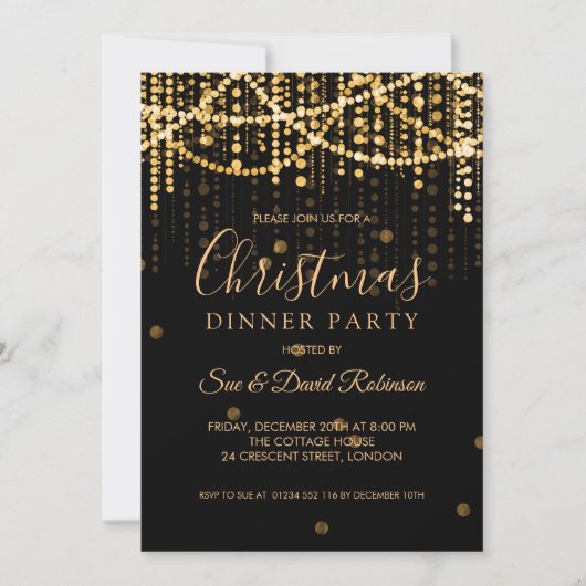 Invitation Gold String Lights Noël Fête Dîner (Devant)