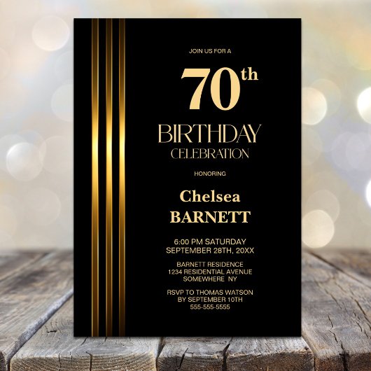 Invitation Gold Striped Black 70th Birthday Party