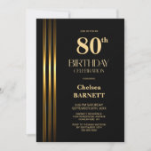 Invitation Gold Striped Black 80th Birthday Party (Devant)