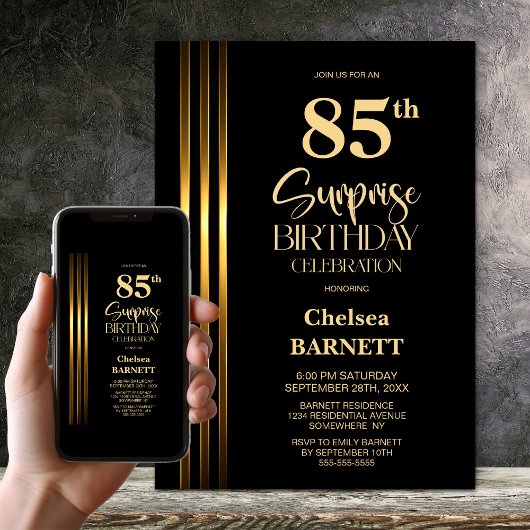 Invitation Gold Striped Black 85th Surprise Birthday Party