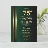 Invitation Gold Striped Black Green 75th Surprise Birthday (Debout devant)
